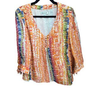 Coldwater Creek sz XL orange print silk 3/4 sleeve w/ tie cuff lined v neck top